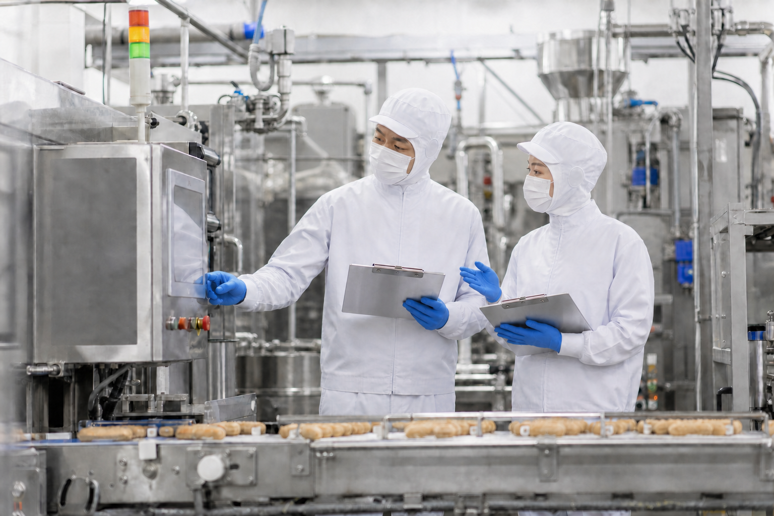 食品工場用の衛生帽・マスク・青色ニトリル手袋を着用し金属製バインダーで工程・設備を調査する専門スタッフ